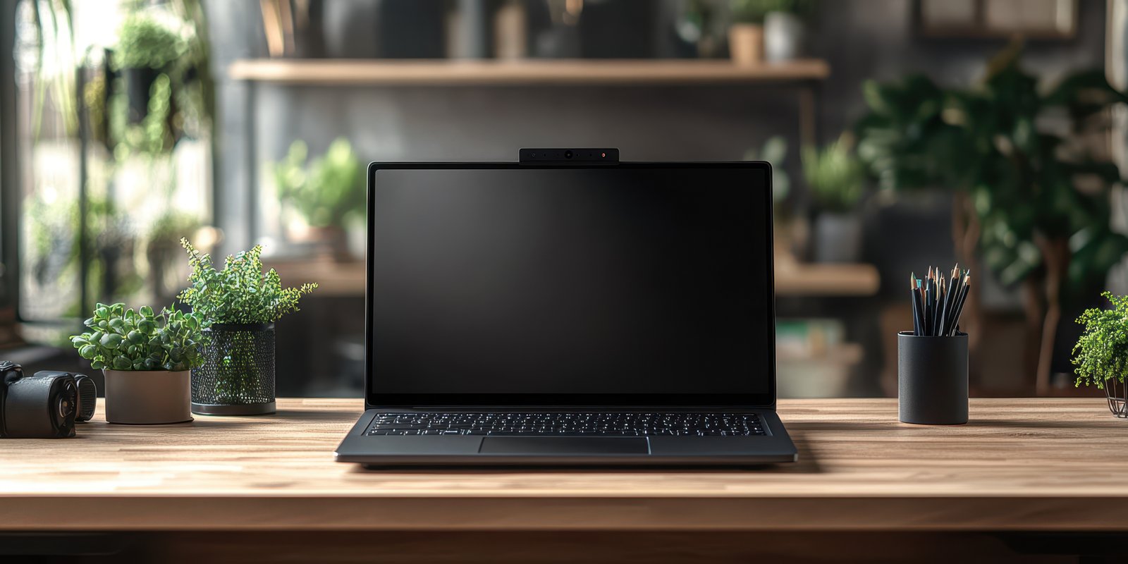Modern workspace with a sleek laptop and vibrant plants on a wooden desk during daylight hours
